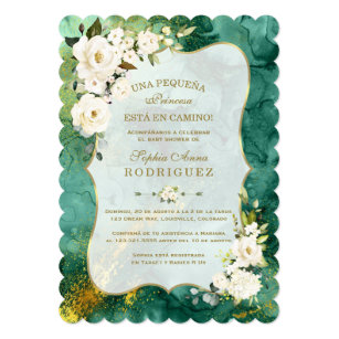 White Flowers Malachite Gold Spanish Baby Shower Invitation