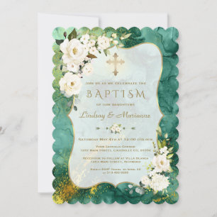 White Flowers Malachite Gold Twins Baptism Invitation