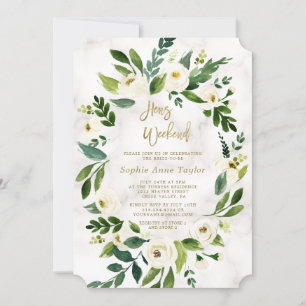 White Flowers Marble Hens Bachelorette Weekend Invitation
