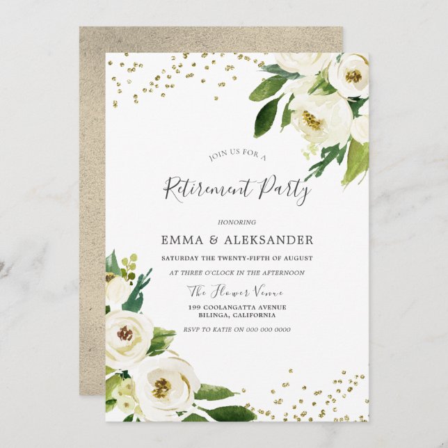 White Flowers Modern Gold Retirement Party Invite (Front/Back)