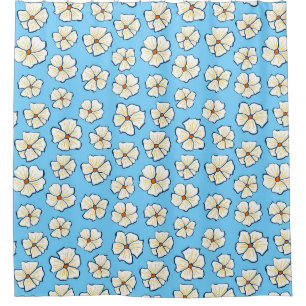 White Flowers on a Blue Background Shower Curtain
