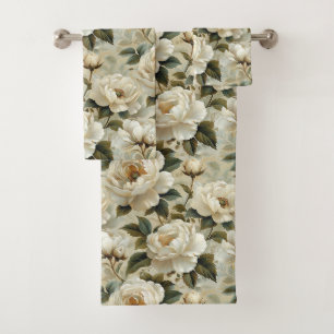 White flowers on a cream background.  bath towel set