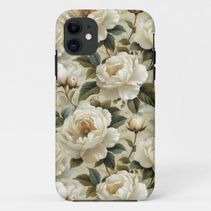 White flowers on a cream background.  iPhone 11 case