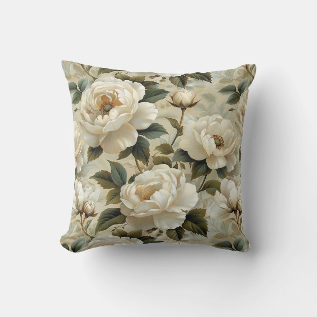 White flowers on a cream background.  cushion (Front)