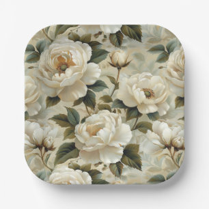 White flowers on a cream background.  paper plate