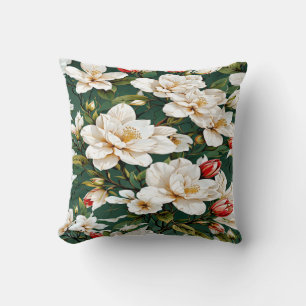 White flowers on a green pattern cushion