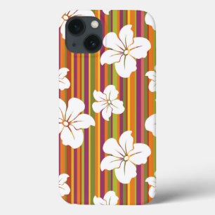 White flowers on a striped background iPhone 13 case