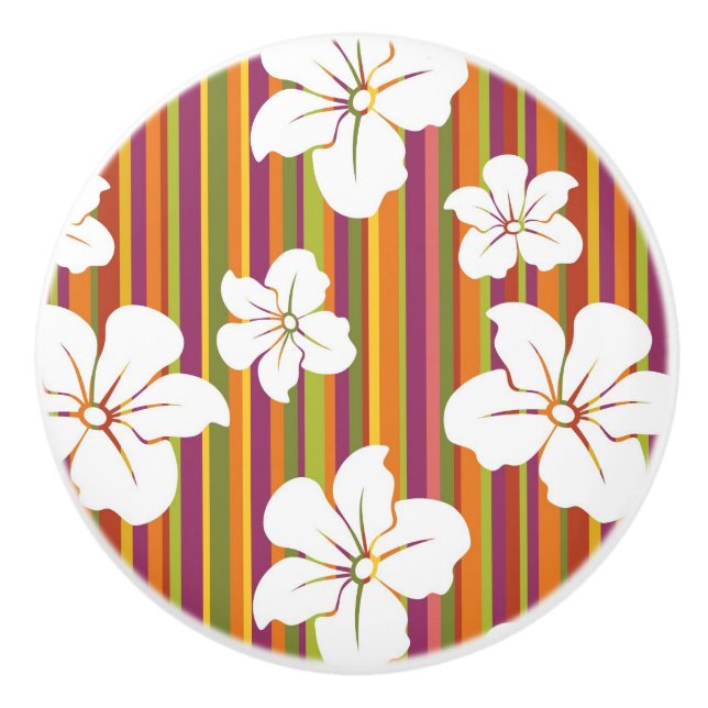 White flowers on a striped background ceramic knob (Front)