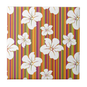 White flowers on a striped background ceramic tile