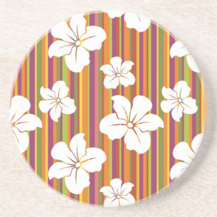 White flowers on a striped background coaster