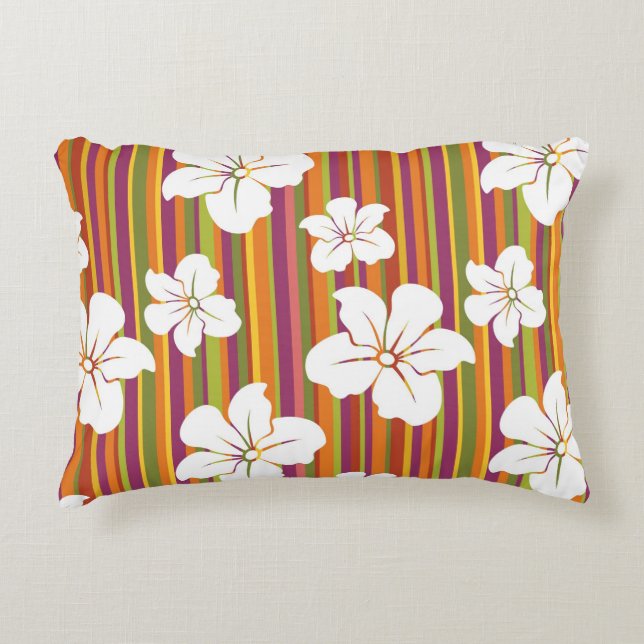White flowers on a striped background decorative cushion (Front)