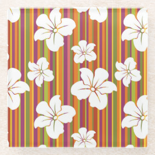 White flowers on a striped background glass coaster