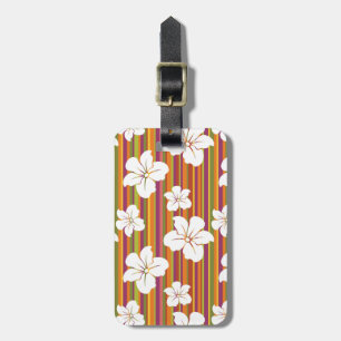 White flowers on a striped background luggage tag