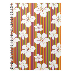 White flowers on a striped background notebook