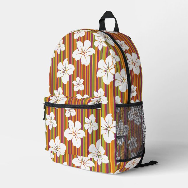 White flowers on a striped background printed backpack (Back Corner Right)