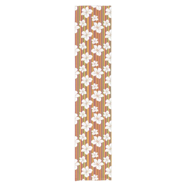 White flowers on a striped background short table runner (Front)