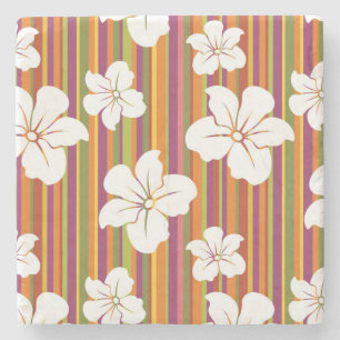 White flowers on a striped background stone coaster