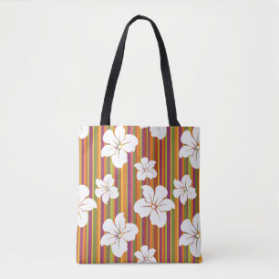 White flowers on a striped background tote bag