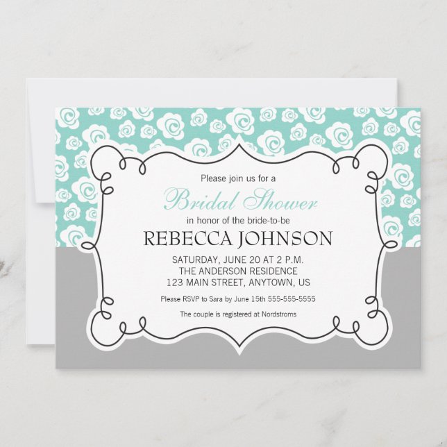 White Flowers on Aqua & Grey Bridal Shower Invitation (Front)