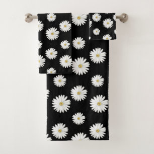 White Flowers on Black Bath Towel Set