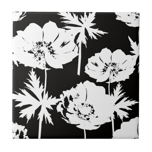 White flowers on black. ceramic tile (Front)