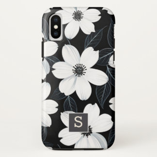 White flowers on Black Monogram Elegant iPhone X Case