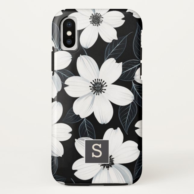White flowers on Black Monogram Elegant  Case-Mate iPhone Case (Back)