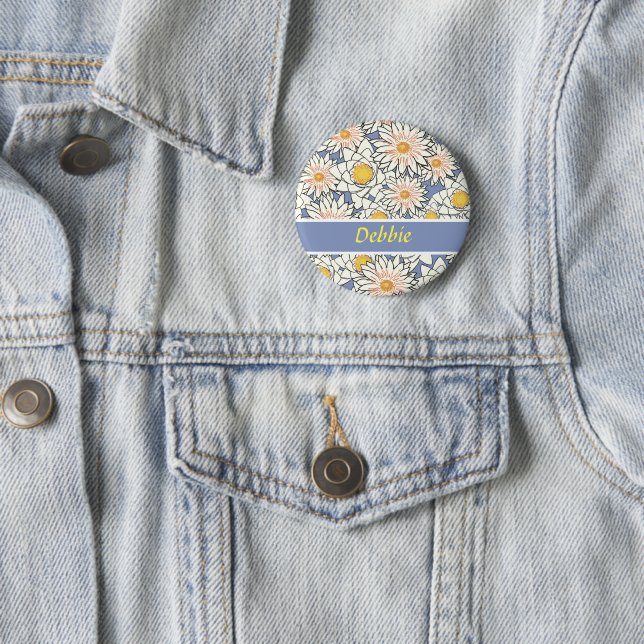 White flowers on blue 6 cm round badge (In Situ)