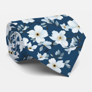 White Flowers On Blue Background Floral Wedding Tie