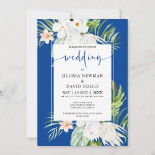 White Flowers on Blue Background Wedding   Invitation