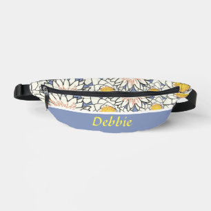 White flowers on blue bum bags