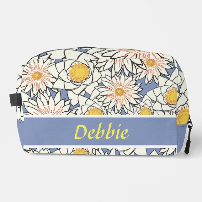 White flowers on blue dopp kit (Front)