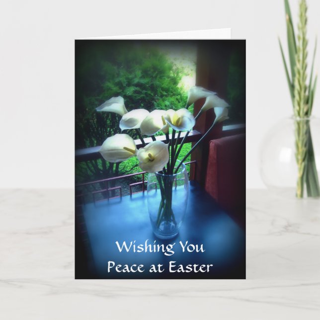 White Flowers on Blue Table with Your Message Holiday Card (Front)
