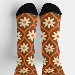 White Flowers on Brown Vintage Ogee Pattern Socks