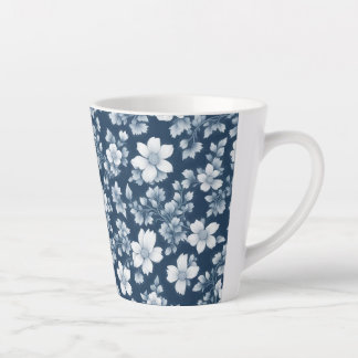 White Flowers on Dark Blue Latte Mug