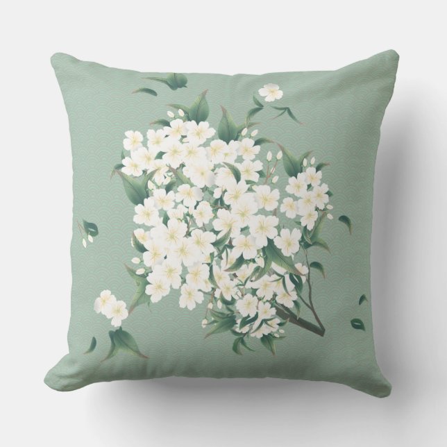 White Flowers on Green Chinoiserie Clouds Pattern Cushion (Front)