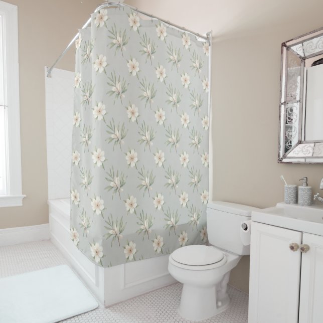 White flowers on grey pattern shower curtain (In Situ)