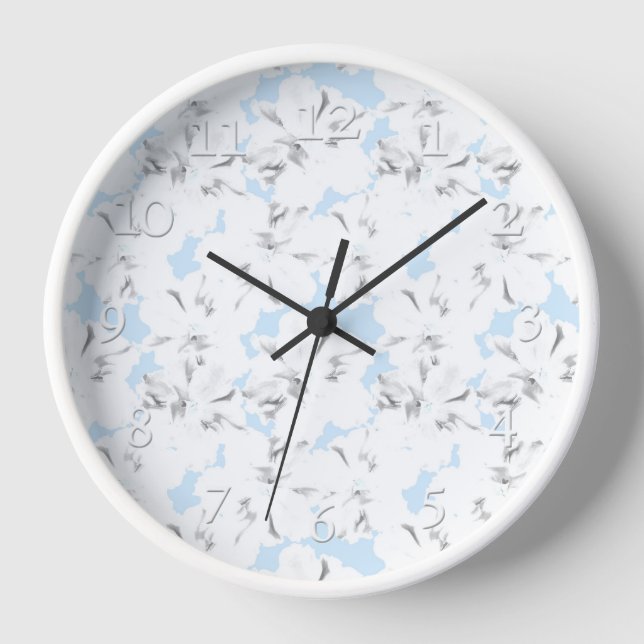 White flowers on light blue. clock (Front)