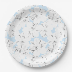 White flowers on light blue. paper plate