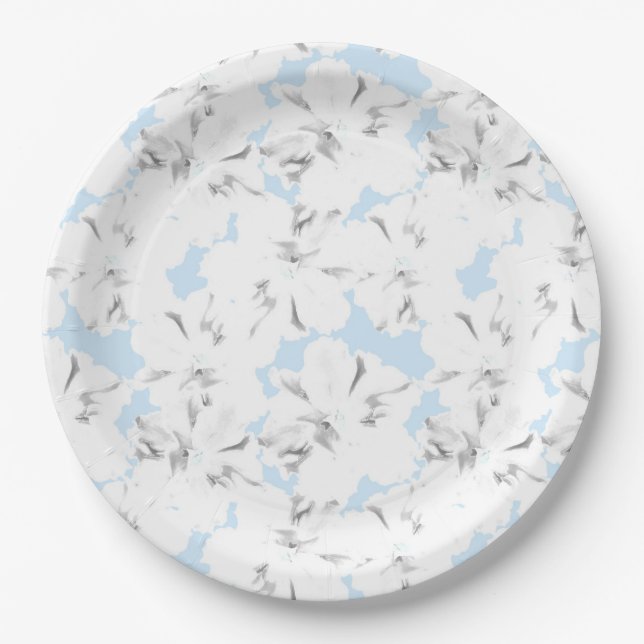 White flowers on light blue. paper plate (Front)