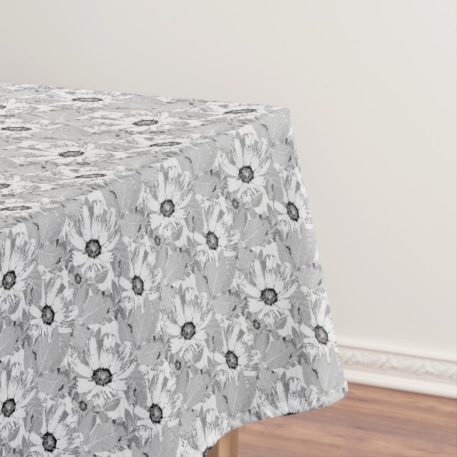 White flowers on light gray. tablecloth (In Situ)