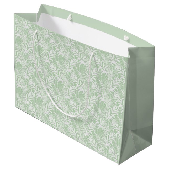 White flowers on light green. large gift bag (Back Angled)