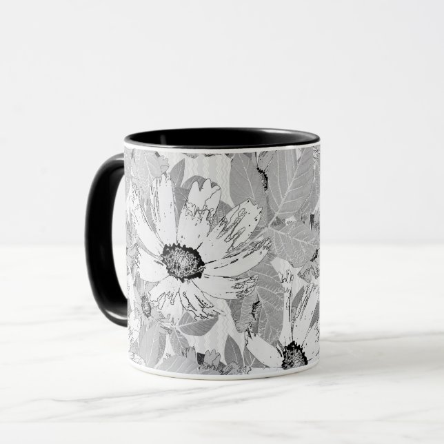 White flowers on light grey. mug (Front Left)