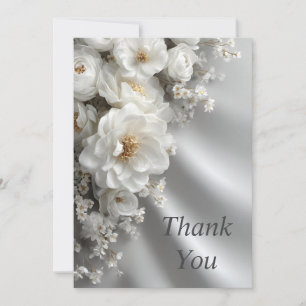 White Flowers on Light Grey Silk Thank You Card