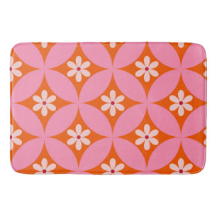White Flowers on Mid Century Pink Circles Pattern  Bath Mat