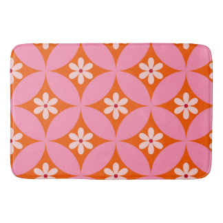 White Flowers on Mid Century Pink Circles Pattern Bath Mat