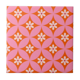 White Flowers on Mid Century Pink Circles Pattern  Ceramic Tile