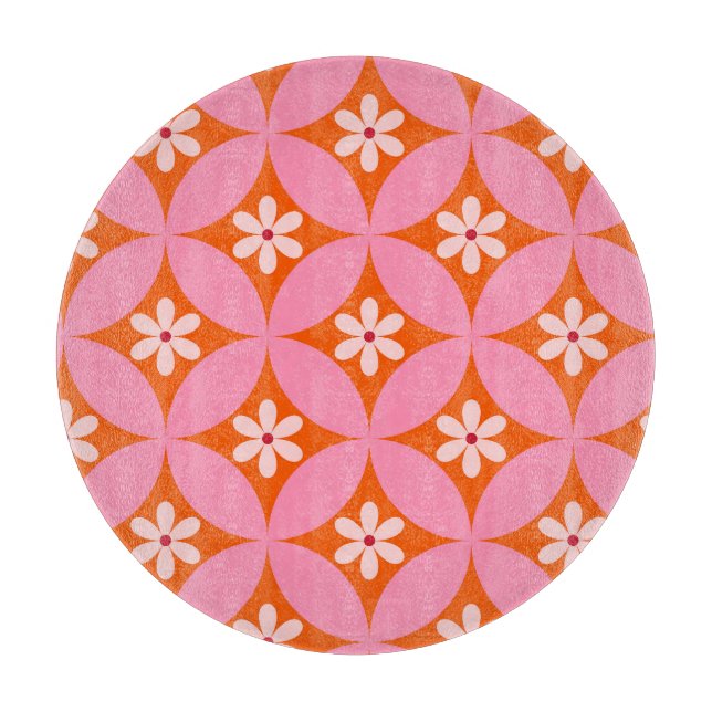 White Flowers on Mid Century Pink Circles Pattern  Cutting Board (Front)