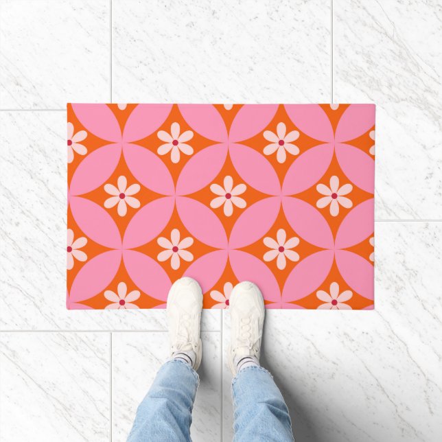 White Flowers on Mid Century Pink Circles Pattern  Doormat (Indoor)