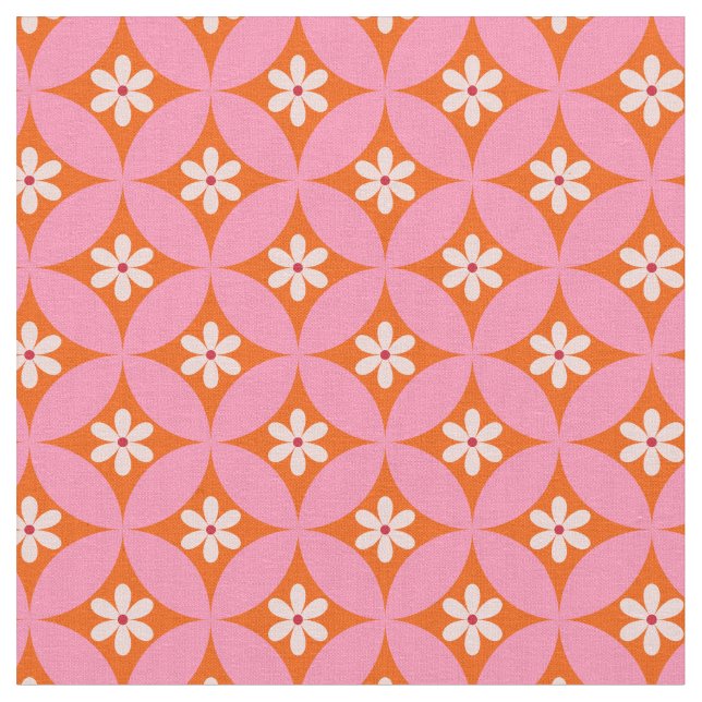 White Flowers on Mid Century Pink Circles Pattern Fabric (Close Up)